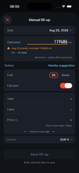 The manual fill-up form: date, odometer with its live sanity check, station suggestion, fuel choice and the three-number card
