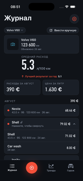 Экран «Журнал»: Volvo V60, пробег 123 600 км, средний расход 5.3 л/100км, траты за август и лента реальных записей