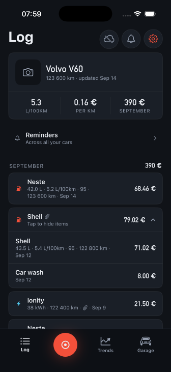 Tankbook's Log screen: a Volvo V60 at 123 600 km, average consumption 5.3 L/100km set large, September spend 147 EUR, and a stream of real entries