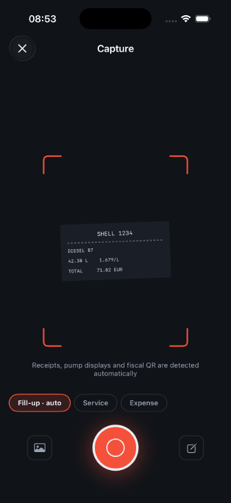 The Capture screen framing a Shell receipt: 42.30 L at 1.679 per litre, total 71.02 EUR, inside taillight-red corner guides