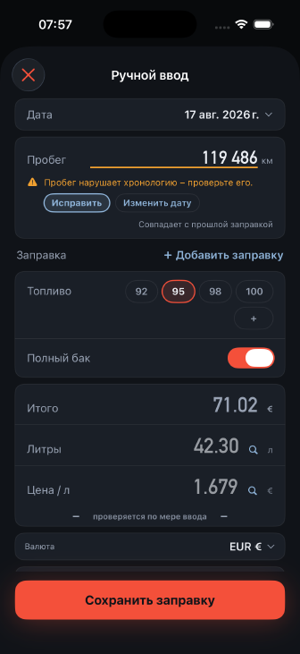 Карточка заправки в процессе ввода: сумма 71.02, литры 42.30, цена 1.679 – перекрёстная проверка сошлась с галочкой