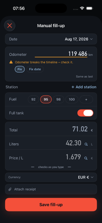 The fill-up card mid-entry: total 71.02, litres 42.30, price 1.679, with the cross-check line reading 'checks as you type'