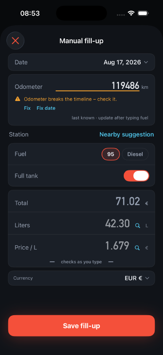 The fill-up card mid-entry: total 71.02, litres 42.30, price 1.679, with the cross-check line reading 'checks as you type'